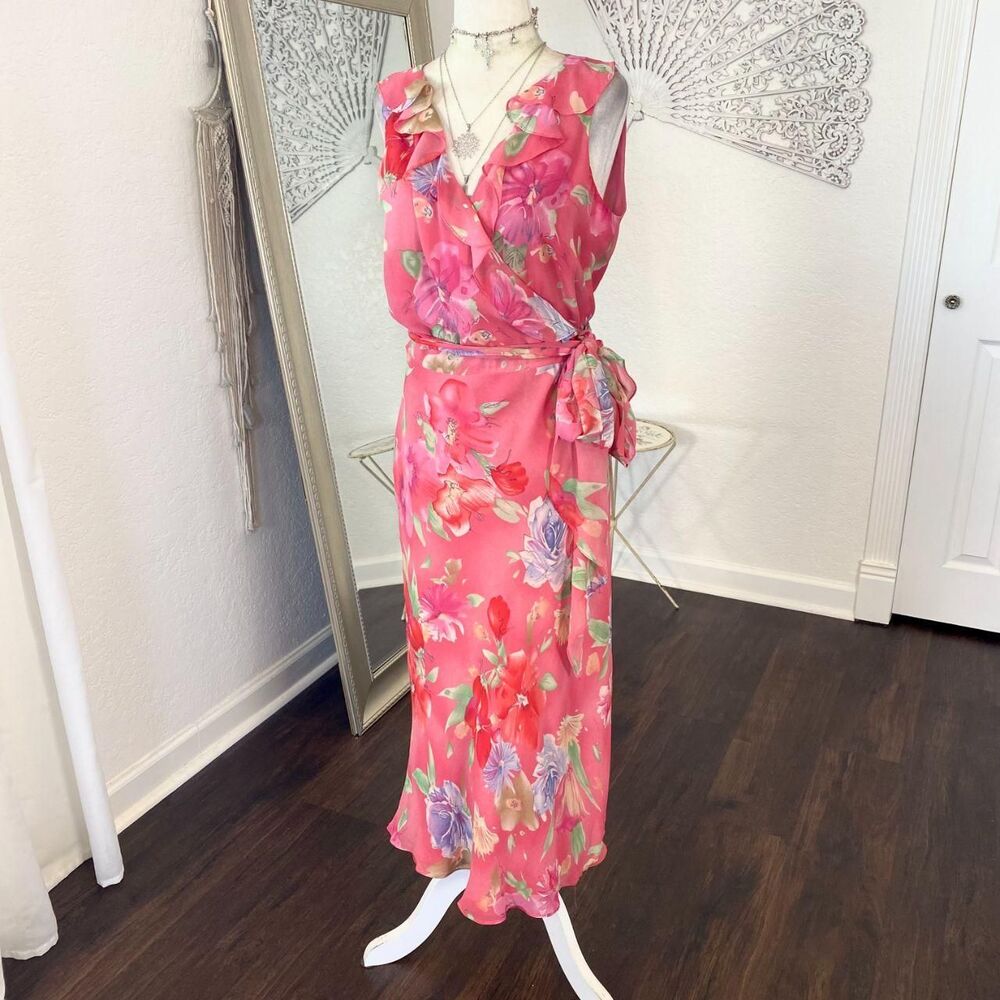 Ralph Lauren Cottage Core Pink Floral Silk Ruffle Frilly Wrap Midi Dress 8 / M - Picture 3 of 7